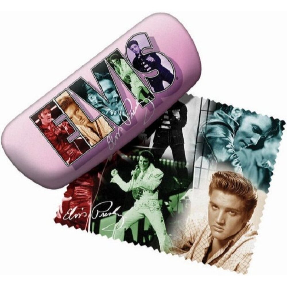 New Purple Elvis Presley 6" Eye Glass Case Hard  Cleaning Lens Cloth Sunglasses